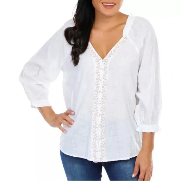 NWT Unique Spectrum white 100% cotton blouse embroidered balloon sleeves XL - Picture 1 of 11